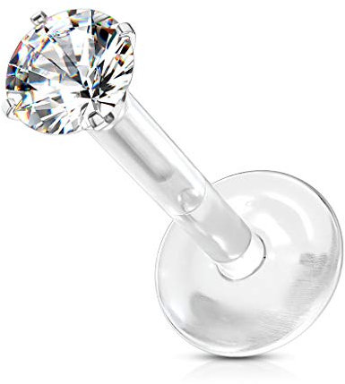 Tata Gisèle Piercing Labret Monroe Acier Chirurgical et Bioflex - Labret Type Push in avec Zircon Rond Serti Quatre Griffes et Base Plate en Bio Flex - (Or Doré/Clair, 8)