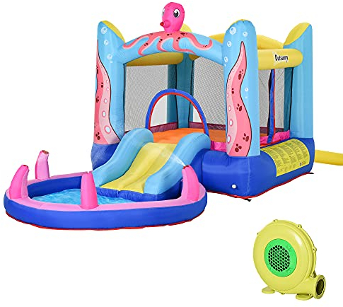 Outsunny Aufblasbare Hüpfburg mit Rutsche Springburg Spielburg Wasserpark für Kinder Trampolin aufblasbar Wasserrutsche Pool für 3-8 Jahre Oktopus-Muster Oxfordstoff 360 x 175 x 180 cm