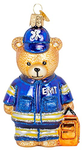 Old World Christmas EMT Teddy Bear Glass Blown Ornament for Christmas Tree