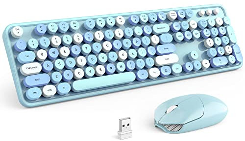 KNOWSQT Combo clavier et souris sans fil, bleu, 104 touches pleine taille 2,4 GHz, clavier coloré, récepteur USB, Plug and Play, pour Windows, Mac, PC, ordinateur portable, ordinateur portable