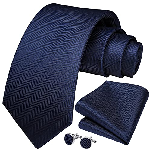 HISDERN Herren Navy blau Gestreifte Hochzeit Krawatte Einstecktuch KrawattenTaschentuch Manschettenknöpfe Set Geeigneter Hochzeit Fest