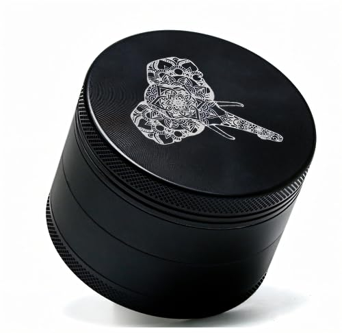 Lifebloom Premium Keramik Grinder Crusher Haftfrei Elefant Mosaik | Nano Keramik beschichtete Kräutermühle | Ø 63 mm | 4-Teilig | inkl. Pollenschaber und Pinsel I Non Stick Material (schwarz)