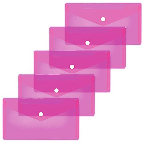 HERMA 20039 Dokumententaschen DIN lang transparent pink rosa, 5 Stück, kleine Sichttaschen Umschläge mit Druckknopf, Briefumschläge aus Plastik für Schule, Uni, Büro, Reise