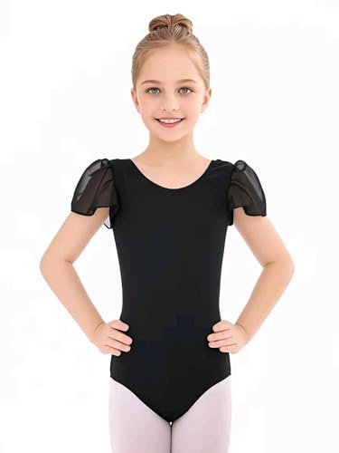boruizhen Ballettkleidung Mädchen Turnanzug Kinder Gymnastikanzug Puffärmel Ballett Trikot für Mädchen 8-10 Jahre Schwarz