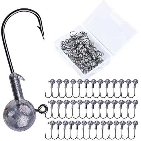 Goture Round Jig Heads, Lead Hooks for Freshwater Saltwater Fishing, Swimbait Jig Heads with Fishing Box - 50pcs (1/16oz)