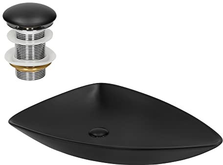 ML-Design Lavabo d' Appoggio in Ceramica Triangolare Nero Opaco 690 x 460 x 130 mm Lavandino Design Moderno Minimalista Lavello Lavamani Sanitari Arredo per Bagno Toilette WC incl. Piletta Push-Open