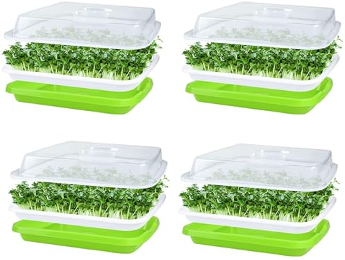 KAHEIGN 4 Piezas Bandejas para Brotes de Semillas con Tapa, 32CM x 26CM Bandeja de Germinación de Gran Capacidad Propagador Hidropónico Saludable Sin BPA con 24 Papeles para Plantar para Cultivar