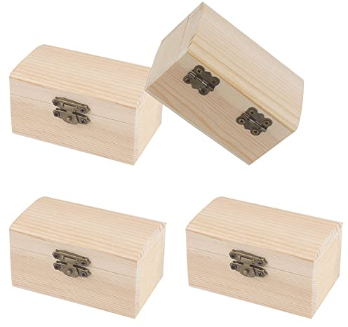 Zasvec Kleine Holz-Schatzkisten 4 Stück Mini-Schatztruhen mit Antikbeschlag Unbehandelte Holzkiste Schatzkiste Kästchen zur Aufbewahrung 9 x 5,5 x 4,5 cm für Bemalen und Dekorieren