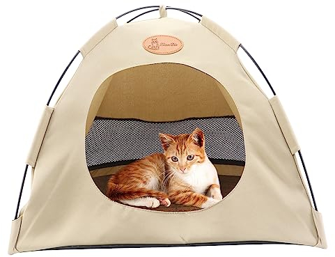 MoYouno Haustiere Hundezelt Katzenzelt, Tipi Zelt für Haustiere mit Kissen, Katzen, kleines Hundebett, mit kühlenden Bettmatten, für Hunde, Katzen, Haustiere, Sommerschlafend(beige)