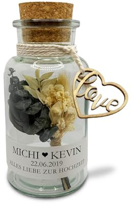 Hochzeitsgeschenk Geschenkglas personalisiert mit Namen und Datum als Geschenk zur Hochzeit Geldgeschenk Trockenblumenstrauß (Soft Green)