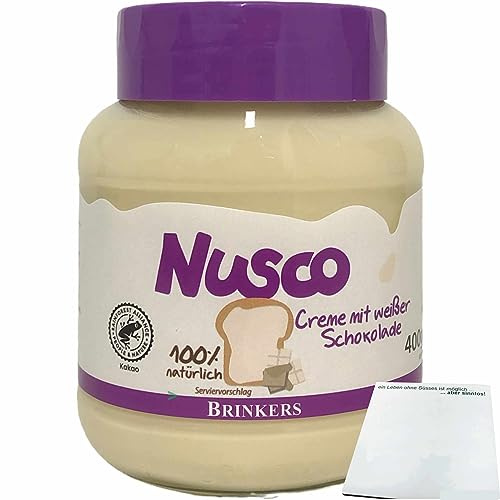 Nusco weiße Schokoladencreme Brotaufstrich mit 2,5% weißer Schokolade (400g Glas) + usy Block