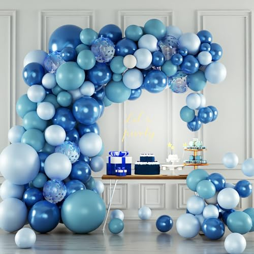 Pricl Blau Luftballon Girlande Set,143 Stück Blau Weiß Helium Party Ballon Metallic Blau Ballonbogen mit Konfetti Ballons für Geburtstag Babyparty Hochzeit Baby Shower Deko Winter