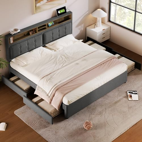 Becag Polsterbett 140x200, Doppelbett mit 4 Schubladen Stauraum, Kopfteil mit Bücherregal und USBC-Steckdose, Stauraumbett mit Lattenrost, Jugendbett Rückenlehne Bett, Grau Leinen, ohne Matratze