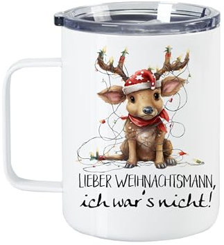 GRAZDesign Glühweinbecher mit Deckel Frohe Weihnachten, Weinachten Thermobecher Edelstahl 350ml (Lustiges Elch, 350ml)