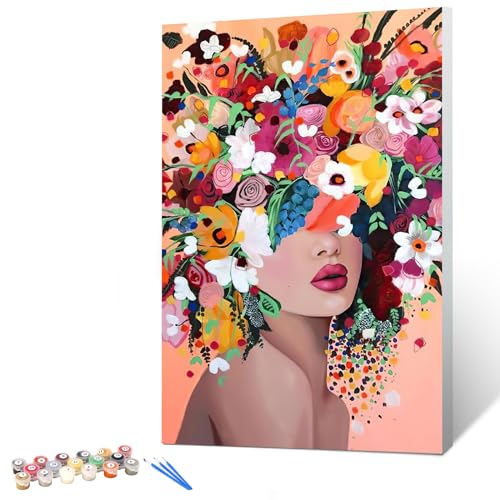 gelrovaled Peinture par Numéros pour Adulte, Peinture Acrylique pour Adultes Enfants débutants Facile sur Toile 30×40 cm avec peintures et pinceaux, Flower Girl(Avec cadre)