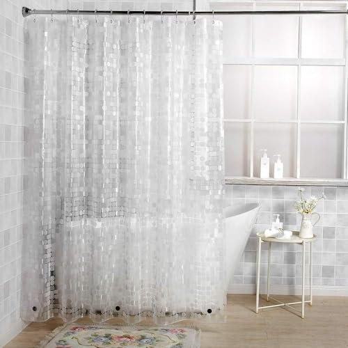 DROMCOM Duschvorhang 240x200 cm mit Gewicht Magnet unten, 0.2mm Eva Plastik Badvorhang halbtransparent wasserdicht antischimmel, Vorhang mit 3D Muster für Dusche und Badewanne mit Duschvorhangringen