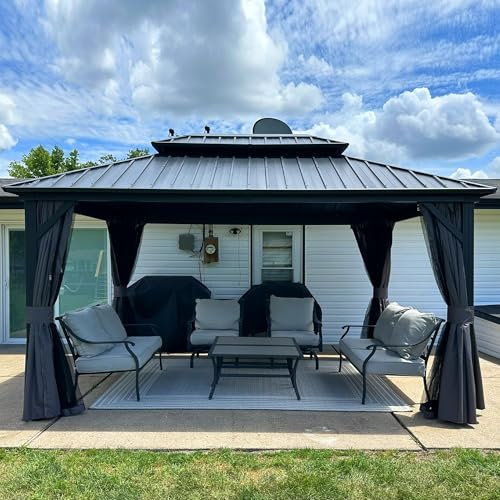 PURPLE LEAF Tonnelle de Jardin Exterieur Aluminium 3,65 x 3 m, Pergola Jardin Exterieur à Double Toit en Acier Galvanisé avec Rideaux, Tente de Réception Robuste pour Camping, Fête, Barbecue, Gris