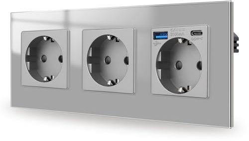 JIMEIDA Base en verre à 3 voies avec USB 20 W gris à encastrer, bases de 16 A avec USB A et type C, 228 x 86 mm, 250 V