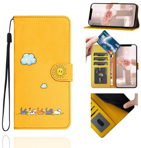 Jeffene Handyhülle für Samsung Galaxy A55 5G mit Kartenfach Klappbar,Gelb | Schutzhülle mit Katzen-Motiv, Mit Lanyard, PU-Leder, Magnetverschluss, Stoßfest, 3 Kartenfächer, Ständer, Für Damen
