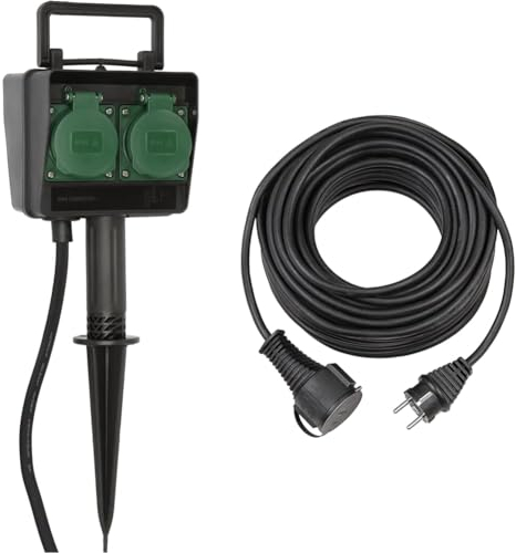 Brennenstuhl Garten-Steckdose/Außensteckdose 4-Fach mit Erdspieß & Qualitäts-Gummi-Verlängerungskabel 10m (IP44, Kabel für außen) schwarz