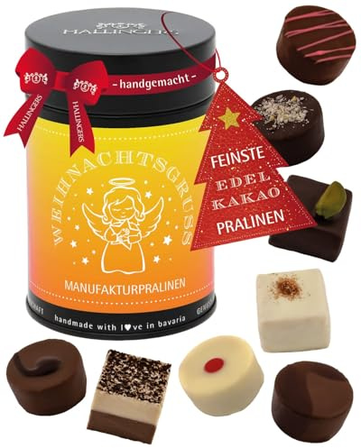 Hallingers Genuss Manufaktur Pralinen Weihnachts-Geschenk - ohne Alkohol, handmade aus Confiserie-Edelkakao in wertiger Geschenkdose Weihnachtsgruß, Weihnachten für Frauen Männer