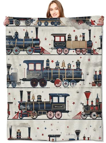VODRM Vintage-Dampfzugdecke, niedlich, klassische Eisenbahn-Retro-Überwurfdecke, Geschenke für Kinder und Mädchen, leichtes weiches Fleece, für Sofa, Couch, Schlafzimmer, Reisen, Geburtstag,