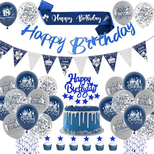 Geburtstagdeko Jungen Happy Birthday Girlande – Blau Silber Geburtstag Deko Luftballons Set mit Blauer SchäRpe Banner Wimpel Silbernem Konfetti Latexballon für Männer und Frauen