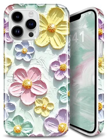 JIAXIUFEN Case for iPhone 14 Pro Sparkle Glitter Retro Oil Painting Printed Flower Design Slim Shockproof Protective TPU Soft Silicone Cover Phone Case Mint Colorful