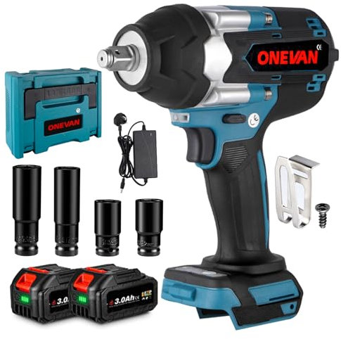 ONEVAN Cordless Impact Driver - Electric Wrench Brushless Motor Impact Gun 520W (1000NM) with 2x3.0Ah Batteries and Fast Charger, Impact Wrench for Tyre Change
