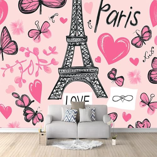 Wallpaper Pink Butterfly Love Heart 300x210 cm Photo Poster Mural Wallpaper, DIY Wall Art Mural Wall Papers, for Living Room Bedroom Nursery TV Background Home Decor