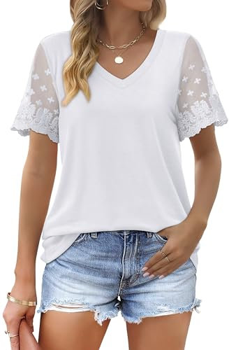 Aokosor Tops for Womens-Summer T Shirt Ladies V Neck Tops Lace Short Sleeve Loose Tee White Size 10-12