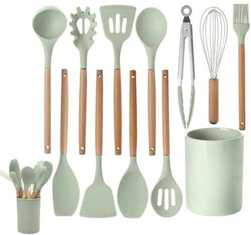 12-Piece Silicone Kitchen Utensil Set with Wooden Handles, Heat-Resistant, Nonstick Cooking Tools Set with Tongs, Spatula, Spoons & Holder, Dishwasher Safe Best Kitchen Gadgets (Green, One Size)