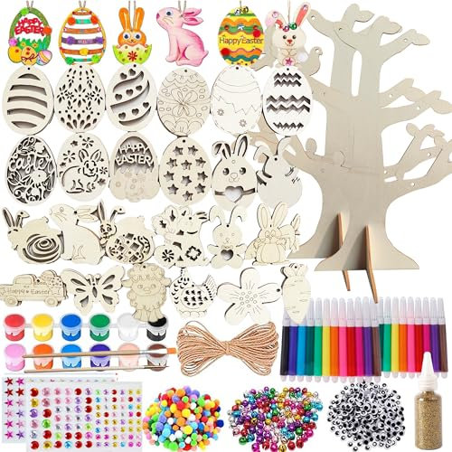 Holzanhänger ostern zum bemalen, 398 Stück Ostern Basteln Kinder set mit Aquarellstift, Strass, Pinsel Pigmente Palette, Osteranhänger Holz für Ostern DIY Kunsthandwerk und Kinder Geschenken