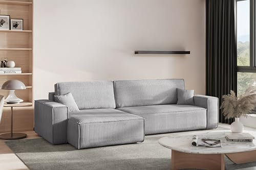 Kaiser Möbel - Ecksofa mit Schlaffunktion und Bettkasten, Schlafsofa mit Bettzeugbehälter, Wohnlandschaft L-Form, Klappsofa, Relaxsofa, Cordstoff, Bequemes Couch für Wohnzimmer, Best XL, Grau, Links