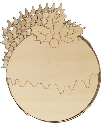 10 x Weihnachtspudding aus Holz, rund, mit Stechpalmen-Form, 3 mm Schicht-Dekoration (6 x 4,8 cm, Loch oben mittig)