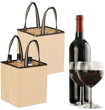 Relaxdays 2 x Sacs à Bouteilles pour 9 Bouteilles, Porte-Bouteilles pour vin, bière, HBT 45x24x24 cm, Beige