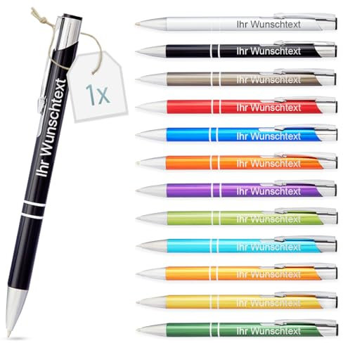 Kugelschreiber mit Gravur | personalisierter Stift mit Wunschtext | blaue Mine | Werbegeschenk & Werbeartikel | personalisierte Kulis für Hochzeit, Büro & Schule (Schwarz, 1 Stück)