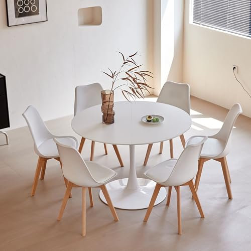 TTATC Mesa de Comedor con Juego de 6 Sillas, Mesa de Comedor Moderna Rectangular, 6 Sillas de Comedor con Patas de Madera de Haya, para Cocina, Sala, Comedor, Blanca