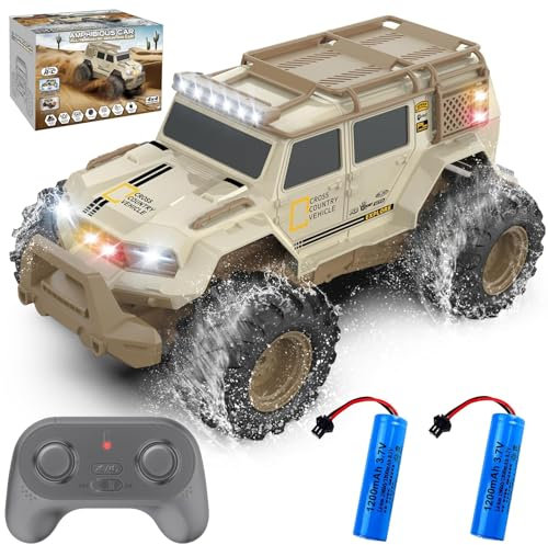 UFULMN Amphibious Remote Control Car 1:14 with 2 Rechargeable Batteries, 4WD Electric Vehicle for Boys Age 8-12, Offroad Waterproof RC Truck All Terrain RC Drift Cars Beach Pool Toys Gifts for Kids