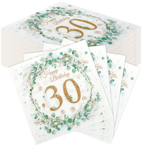 60 Stück Komoke Geburtstagsservietten Happy Birthday in Eukalyptus Grün | Servietten 30. Geburtstag Deko für Mädchen & Jungen | Party Tischdeko für Feiern | Zahlen-Design Servietten (33x33 cm)
