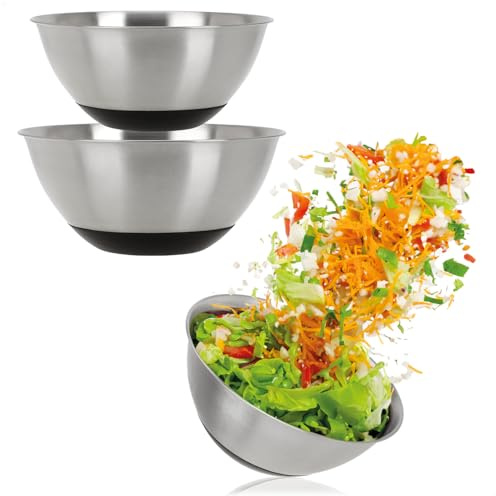 com-four® Juego de cuencos de acero inoxidable de 3 piezas - Ensaladera en 2 tamaños - Cuenco para mezclar 750/1300 ml - Cuenco de acero inoxidable para hornear y servir (3 piezas - Ø 15,5/19cm)