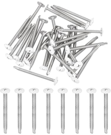 sourcing map Lot de 30 vis autotaraudeuses à tête cylindrique blanches M4,2 x 50 mm, vis autoperceuses en acier inoxydable 410 pour vis à tôle métallique, argenté