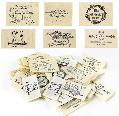 90 Stück Handmade Label zum Annähen, Polyesterfasermaterial, 6 Verschiedene DIY-Stoffetiketten, Nähzubehör zum Stricken, Dekoration von Kleidungsstücken