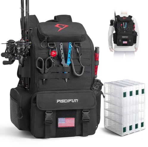 Piscifun 52L Fishing Tackle Backpack with Rod Holders & 4 Tackle Boxes, Large Tackle Bag for Gear Storage with Rain Cover