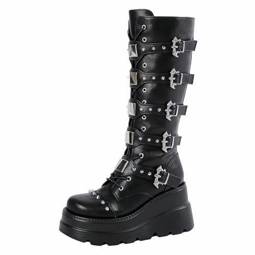 FQLGJMY Damen Knie hohe Keil Plattform Stiefel mit Chunky hohe Plattform Absatz Spitze Up & Reißverschluss Punk Goth Mitte Kalb Kampfstiefel Motorrad Stiefel mit Metallschnallen für Herbst Winter