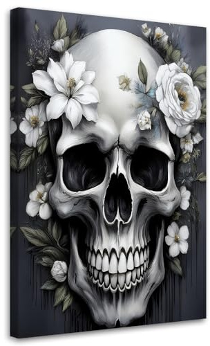 Feeby Bild auf Leinwand - Wandbilder Wohnzimmer Aesthetic - Totenkopf mit weißen Blumen - 75x115 1tlg - Schlafzimmer Wandekoration - Bilder Zimmer - Living Room - Deko Wandbilder - Moderne Bild