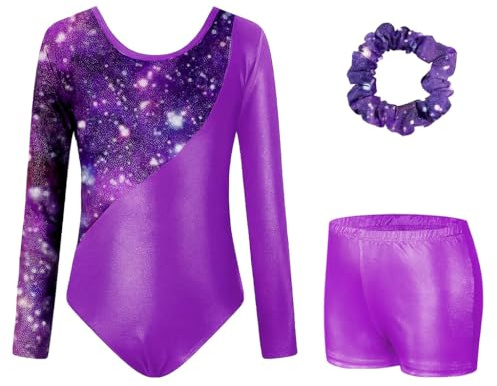Fresilkora Girls Gymnastics Leotards for 5-10 Years, Long Sleeve Kids Leotards Gymnastics Girls Outfit with Shorts & Hairband, Sparkly Girls’ Gymnastics Leotard Set