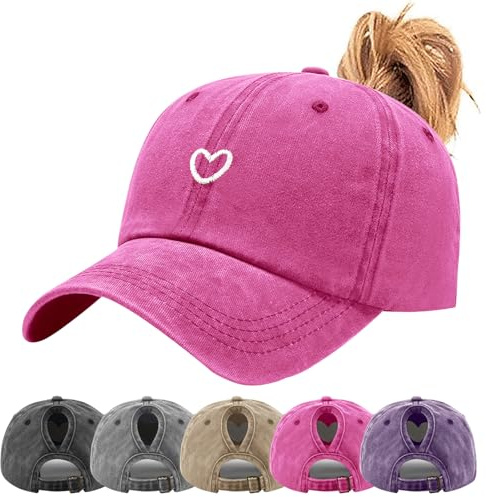 Tiakay Pferdeschwanz Baseball Cap mit Herzförmiges Stickmuster Damen Verstellbare Baseballkappe Vintage Mützen Sonnenschutz Basecap Mit Zopf Loch Verstellbarer Sonnenhut Camping-Wanderhut (B_Rosa)
