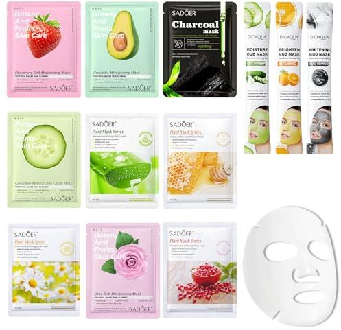 12 Pezzi Maschera Viso Idratante, con Frutta ed Estratti Vegetali