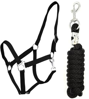 JA Horse JA4001 Essential Halfter Set Karabinerhaken, Schwarz, Pony | Verstellbares Pferdehalfter mit Führstrick & Karabinerhaken, Essential Anbindestrick für Pferd & Holzpferd